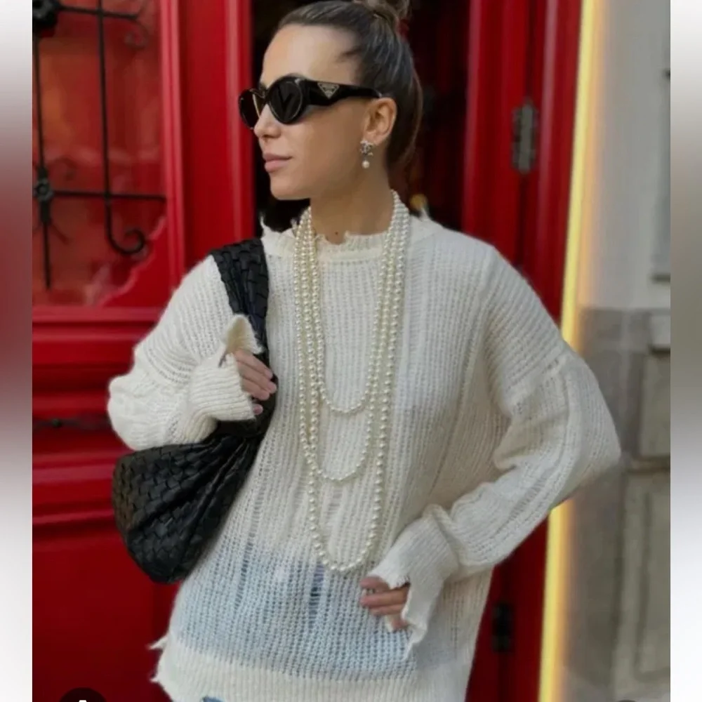 Zara ALPACA AND WOOL BLEND RIPPED KNIT SWEATER | - Picture 4 of 6